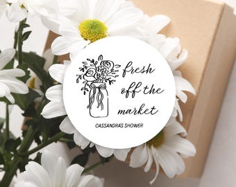 Etiquetas redondas de 5 cm para chá de panela "Recém-saídas do mercado" | Modelo de etiqueta para lembrancinha compatível com Avery | Design editável no Canva