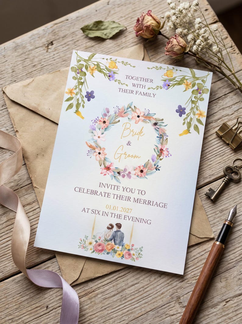 Floral Wedding Invitation Template, Editable Watercolor Wedding Invite ...