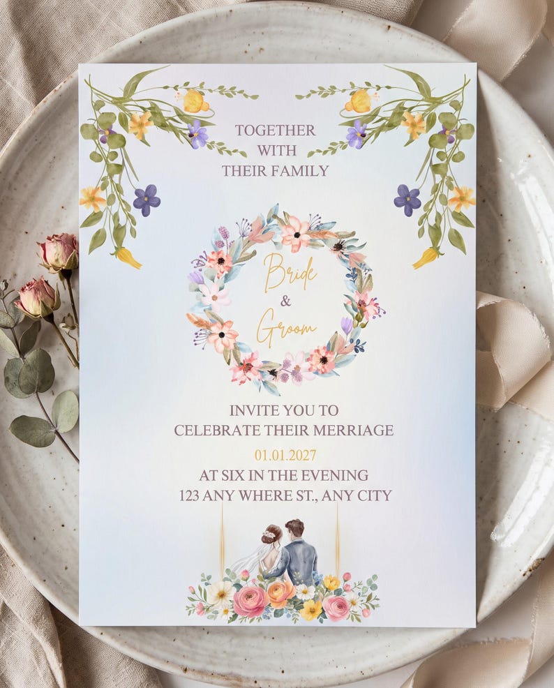 Floral Wedding Invitation Template, Editable Watercolor Wedding Invite ...
