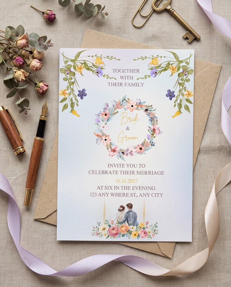Floral Wedding Invitation Template, Editable Watercolor Wedding Invite ...