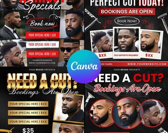Barber Facebook Template - 4 Social Media (4 Canva Designs) (Digital Download