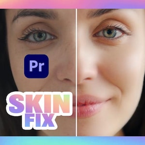May include: Split image showing a woman's face before and after a skin treatment. The left side shows imperfections, while the right side appears flawless. A blue square with "Pr" and the words "SKIN FIX" are overlaid.