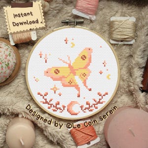 Cross stitch pattern, PDF, magical, moth, pastel, moon, sparkles, butterfly, yellow and orange decoration, fancy