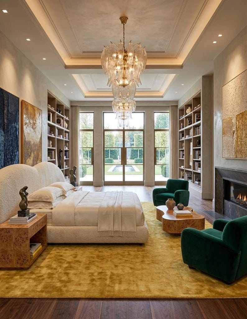 Puede incluir: Un dormitorio lujoso con una cama grande con cabecero color crema, ropa de cama blanca y una alfombra amarillo mostaza. Dos sillones verdes y una mesa de centro de madera est&aacute;n frente a una chimenea. Una gran l&aacute;mpara de ara&ntilde;a cuelga del techo.