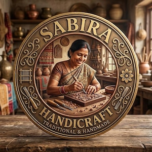 Pode incluir: Uma placa redonda, cor de bronze, com o texto "SABIRA HANDICRAFT TRADITIONAL & HANDMADE" envolve a imagem de uma mulher entalhando madeira. O fundo mostra uma oficina com cer&acirc;mica e t&ecirc;xteis.