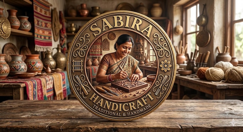 Pode incluir: Uma placa redonda, cor de bronze, com o texto "SABIRA HANDICRAFT TRADITIONAL & HANDMADE" envolve a imagem de uma mulher entalhando madeira. O fundo mostra uma oficina com cer&acirc;mica e t&ecirc;xteis.