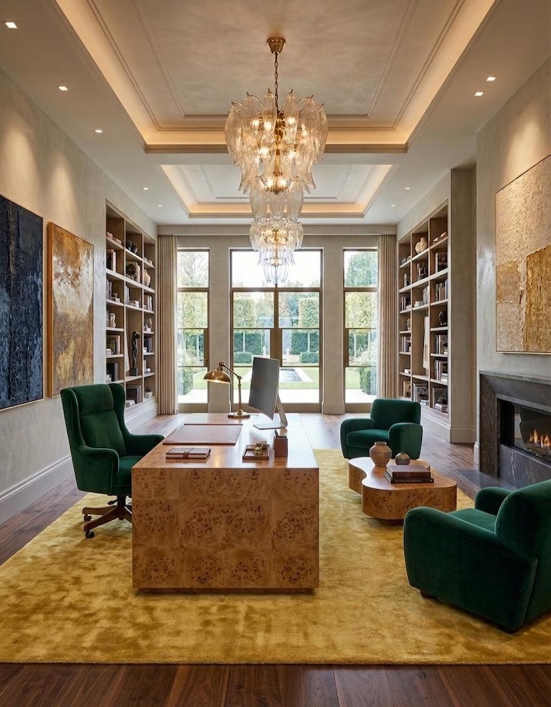 Puede incluir: Una lujosa oficina en casa con un gran escritorio de madera, sillas de terciopelo verde y una alfombra amarilla. Una gran l&aacute;mpara de ara&ntilde;a cuelga del techo y estanter&iacute;as bordean las paredes. Grandes ventanas ofrecen vistas al exterior.