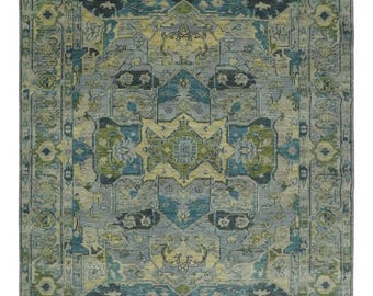 Alfombra Heriz de lana neozelandesa anudada a mano, alfombra oriental verde y azul, alfombra tradicional persa, alfombra vintage hecha a mano para sala de estar.