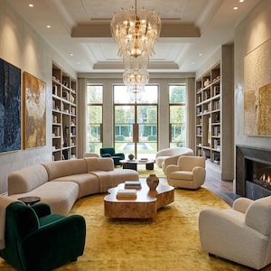 Puede incluir: Un lujoso sal&oacute;n con una gran alfombra de color amarillo mostaza, un sof&aacute; beige curvado y varios sillones en crema y verde esmeralda. Una gran l&aacute;mpara de ara&ntilde;a adornada cuelga del techo, iluminando el espacio. Estanter&iacute;as y obras de arte adornan las paredes.