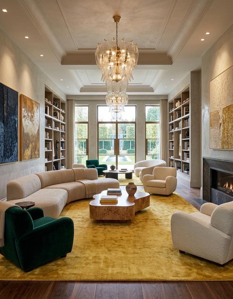 Puede incluir: Un lujoso sal&oacute;n con una gran alfombra de color amarillo mostaza, un sof&aacute; beige curvado y varios sillones en crema y verde esmeralda. Una gran l&aacute;mpara de ara&ntilde;a adornada cuelga del techo, iluminando el espacio. Estanter&iacute;as y obras de arte adornan las paredes.