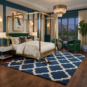 May include: A stylish bedroom with a gold four-poster bed and a green velvet headboard. The room includes a blue and cream patterned rug, two green velvet armchairs, and a chandelier. A framed map of Chicago is displayed on the wall, enhancing the decor.