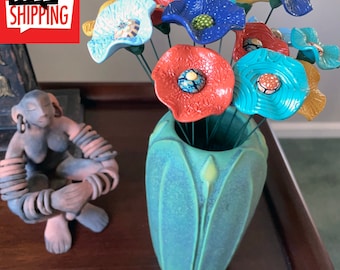 Flower Stakes, Garden Art, Garden Decor, Polymer Clay Flowers, Planter Decor, Office, Home, Housewarming Gift, Flower Sculpture 618