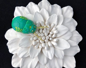 White Flower with Beetle Wall Sculpture Bug Insect  570