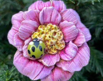 Pink Yellow Flower with Ladybug Holiday Christmas  Tree Ornament 614