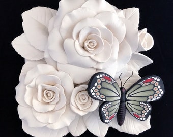 White Roses Wall Sculpture Butterfly Flower Art Tile Bug Polymer Clay 503