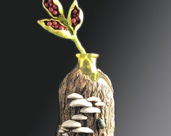 Hand-Sculpted Hand-Painted Vase Tree Bark Mushrooms Fungi Seed Pod Sculpture 422