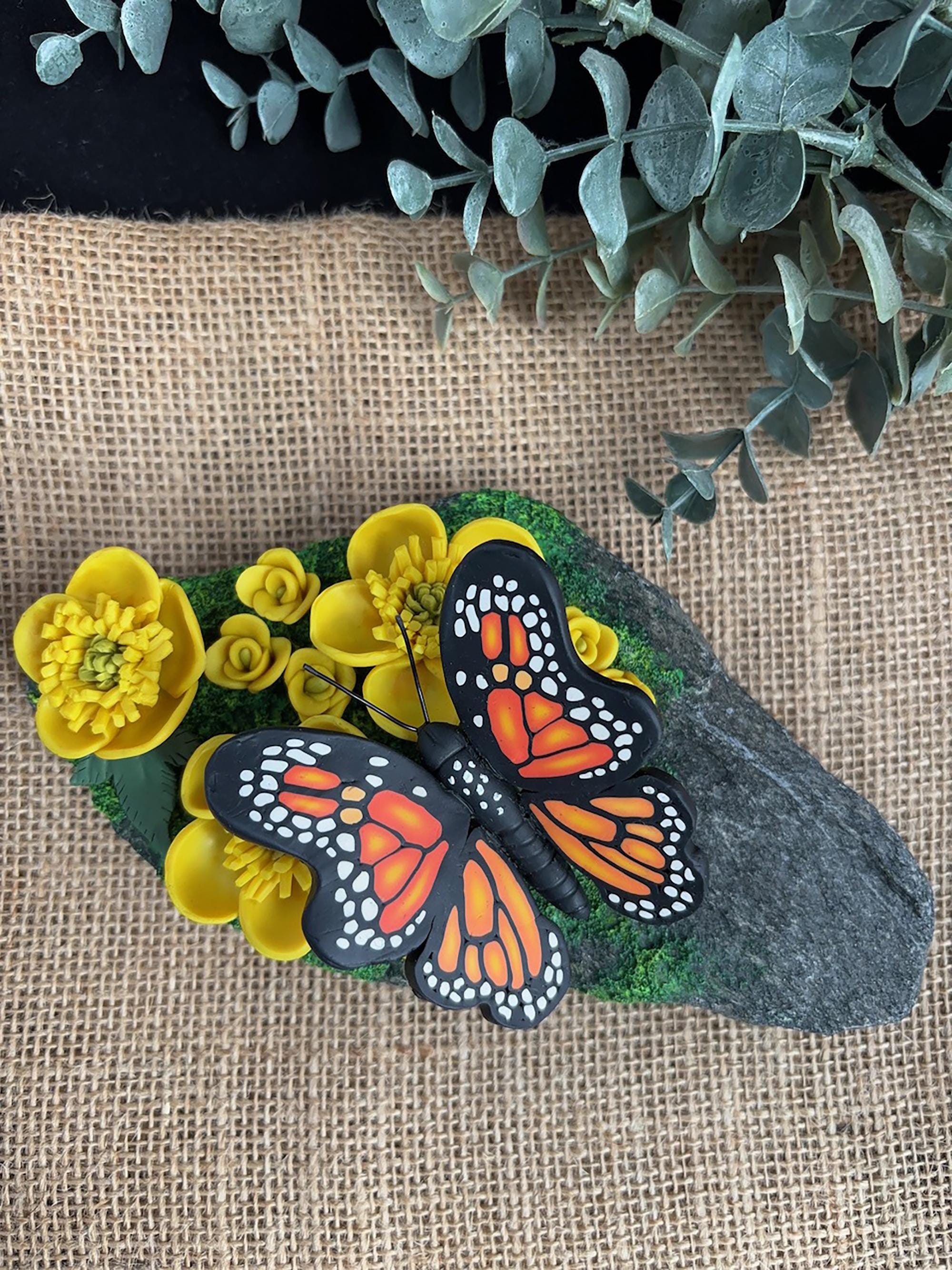 Monarch Butterfly Yellow Flowers Mossy Rock Clay Sculpture Insect