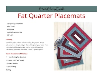 NEW Beginner PDF Placemat Pattern, Digital Placemat Pattern, Quilted Placemat Pattern, Fat Quarter Pattern, Simple PDF Quilt Pattern