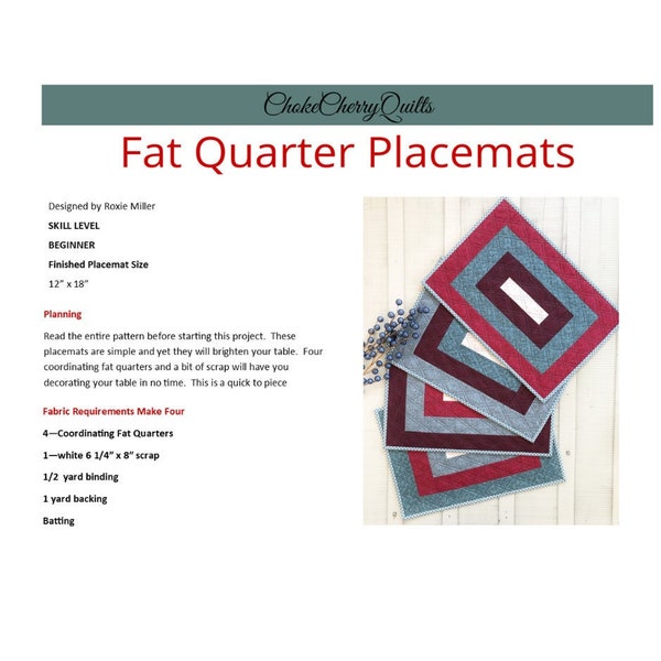 NEW Beginner PDF Placemat Pattern, Digital Placemat Pattern, Quilted Placemat Pattern, Fat Quarter Pattern, Simple PDF Quilt Pattern