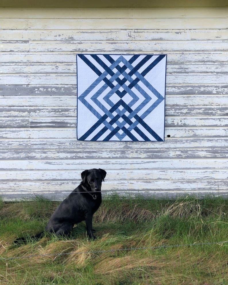 May include: A black dog sits in front of a white wooden wall with a blue and white geometric quilt hanging on it.