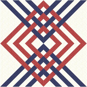 May include: A geometric pattern quilt block with red and blue stripes intersecting to form a diamond shape. The background is a cream color with a subtle pattern.