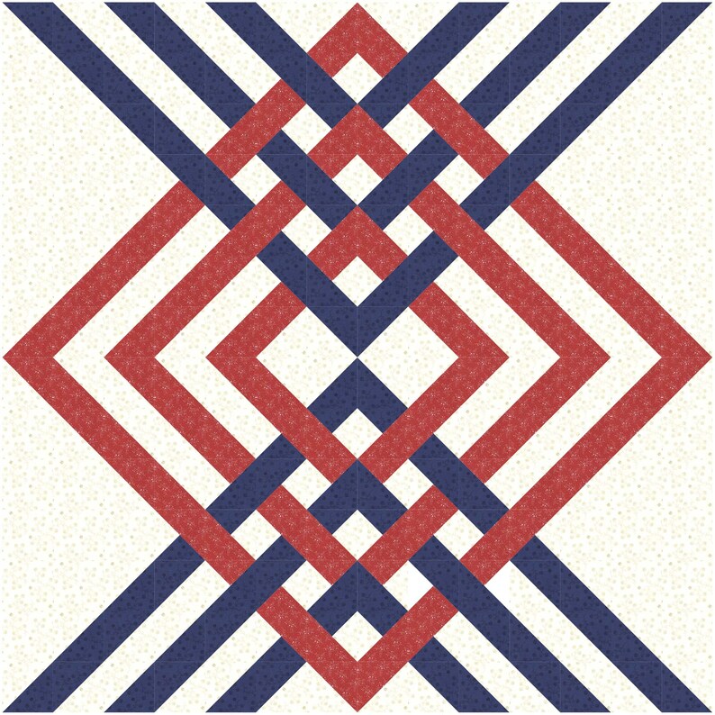 May include: A geometric pattern quilt block with red and blue stripes intersecting to form a diamond shape. The background is a cream color with a subtle pattern.