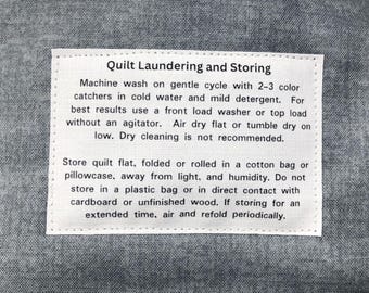 Quilt Care Instructions Label, Cotton Fabric Tag, Set of 12, Iron on or Sew on Option, FL2x3-09