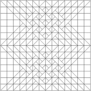 May include: A black and white geometric pattern with a grid of squares and triangles. The pattern is symmetrical and has a repeating design.