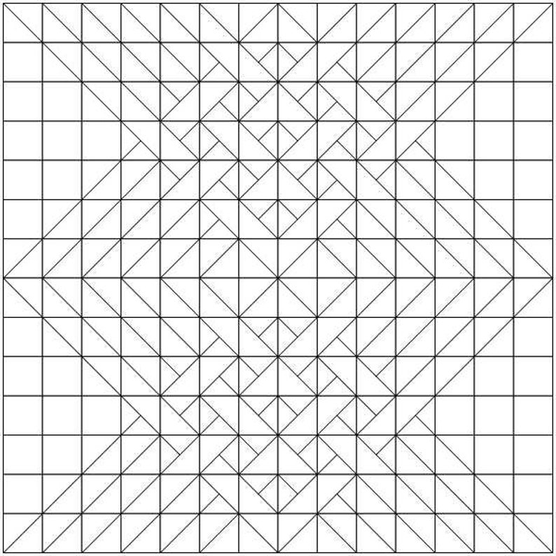 May include: A black and white geometric pattern with a grid of squares and triangles. The pattern is symmetrical and has a repeating design.