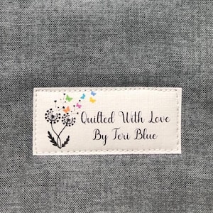 Personalized Quilt Labels, Dandelion with Butterflies, Custom Fabric Label, Set of 40, Personalized Label, Iron-on or Sew-on Labels FL1-02
