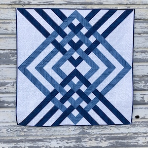 May include: A blue and white quilt with a geometric pattern. The quilt is made of different shades of blue fabric and is hanging on a white wooden wall.