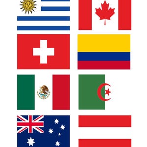 Könnte beinhalten: Eine Sammlung von acht Nationalflaggen, die in einem Raster angeordnet sind. Die Flaggen umfassen Uruguay mit seinem Sonnenemblem, Kanada mit einem roten Ahornblatt, die Schweiz mit einem weißen Kreuz, Kolumbien, Mexiko, Algerien, Australien und Österreich.