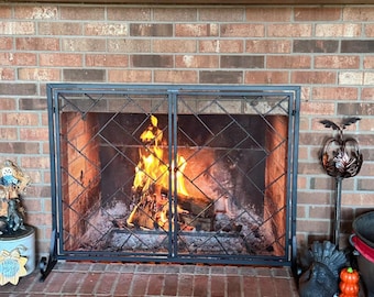 Handcrafted 2-Panel Wrought Iron Fireplace Screen | Decorative Geometric Spark Guard