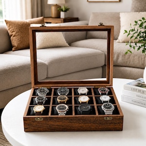 Handcrafted Wooden Watch Box | 12 Slot Organizer Display Case, Glass Top Storage