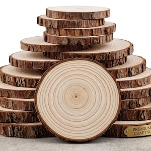 May include: A collection of natural wood slices, showing growth rings and rough bark edges. The wooden discs are stacked in a pyramid formation. A small brass plaque reads "PREMIUM PINE CRAFT SLICES".