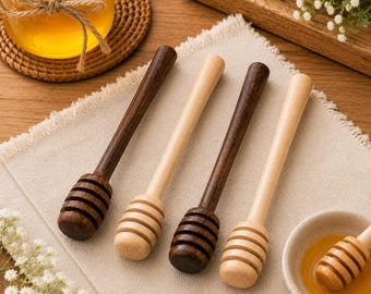 Handmade Wooden Honey Dipper Set Spoons 4 pcs Natural Beech Wood Drizzler Spoon