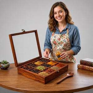 May include: A square wooden spice box with a hinged glass lid and nine internal compartments filled with various colorful spices, including star anise, peppercorns, and seeds, accompanied by a small wooden spoon and a glass spice jar.