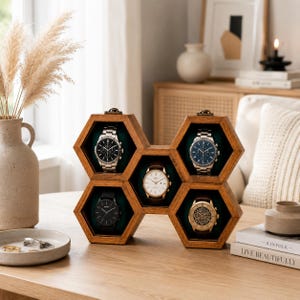 Honeycomb Rosewood Watch Box Organizer, Hexagon Display Case, 12 Slot Wood Watch Holder
