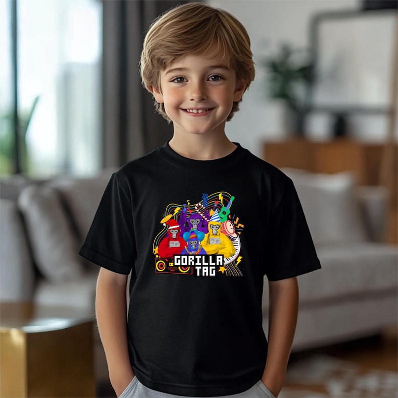 a young boy standing in front of a couch