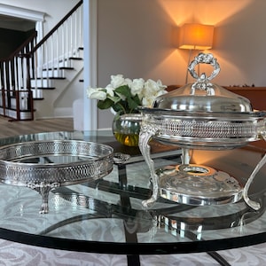 Vintage Silver-Plated 2QT Round Food Warmer Dish Set + Matching Stand – Elegant Buffet Serving Bundle