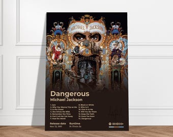 Puede incluir: Un póster del álbum "Dangerous" de Michael Jackson presenta una ilustración detallada y colorida con el título del álbum y la lista de canciones. La obra de arte incluye una imagen central de ojos y elementos ornamentados de fantasía.