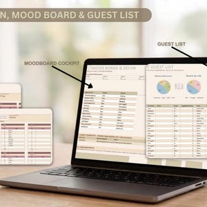 Könnte beinhalten: Ein digitales Planungsset auf einem Laptop-Bildschirm und schwebenden Fenstern, bestehend aus Sitzplan, Moodboard und Gästeliste. Die Benutzeroberfläche enthält Tabellen, Tortendiagramme und Textfelder in neutralen Farben mit dem Text INSTANT DOWNLOAD.
