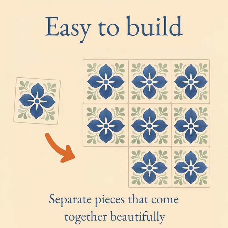 Op de afbeelding: Vierkante tegels met een blauw bloemenontwerp en groene accenten zijn zo gerangschikt dat ze laten zien hoe ze bij elkaar passen. De tekst "Easy to build" en "Separate pieces that come together beautifully" wordt ook weergegeven.