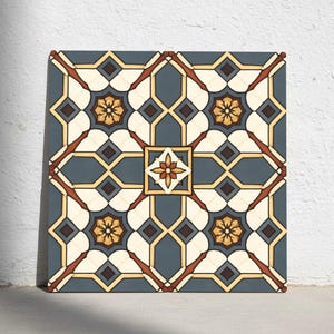 Puede incluir: Azulejo decorativo cuadrado con un patrón geométrico. El diseño presenta un fondo verde azulado oscuro con formas crema, doradas, marrones y marrón oscuro. El azulejo tiene un motivo floral central y patrones repetidos en forma de estrella.