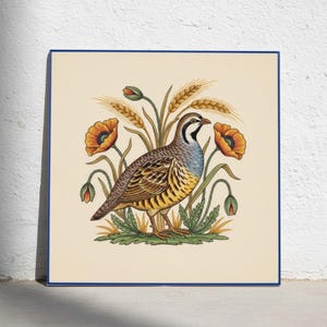 May include: A square wall art print featuring a detailed illustration of a quail standing amidst stalks of wheat and orange poppy flowers. The bird has brown, tan, and blue-grey feathers. The artwork is framed by a thin, dark blue border.
