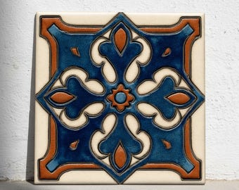 Spanish Revival Ceramic Tile – Deep Blue & Terracotta Ornamental Decor