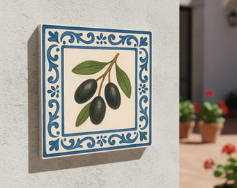 Mediterranean Olive Branch Ceramic Tile – Classic Blue Frame