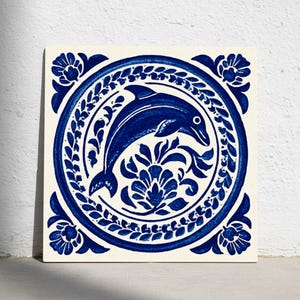 Rhodes Greece Ceramic Tile – Blue Dolphin Mediterranean Decor, Aegean Island Botanical Design