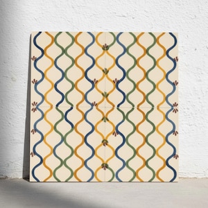May include: A square decorative tile set featuring a cream-coloured background with a repeating pattern of vertical wavy lines in blue, mustard yellow, and forest green. Small brown floral accents are placed at the intersections of the waves.
