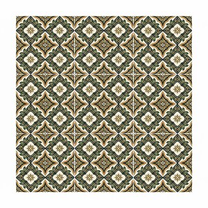 May include: A repeating pattern of decorative tiles. The design features a symmetrical arrangement of floral and geometric shapes in shades of green, gold, and cream. The pattern is set against a white background.